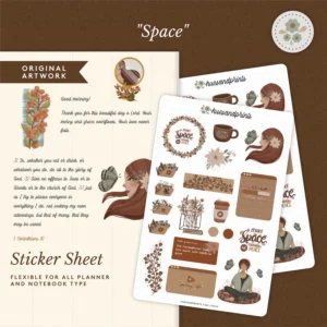 SSDSP – Space Sticker sheet, cosy, planner stickers, journal stickers. aesthetic, cosy, brown motifs design
