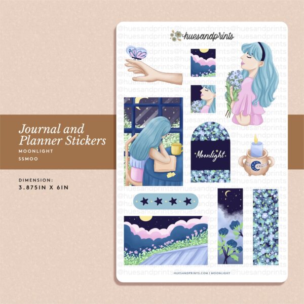 moonlight sticker sheet design, stationery for planners, journals and notebooks