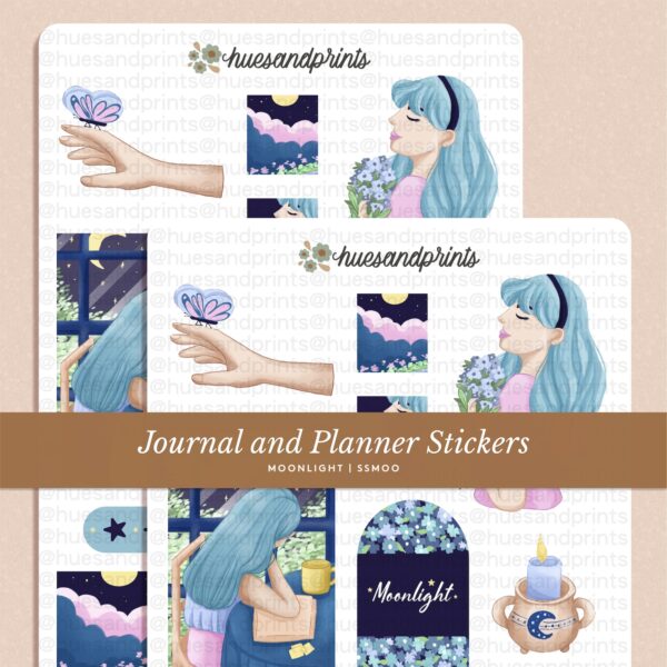 moonlight sticker sheet design, stationery for planners, journals and notebooks