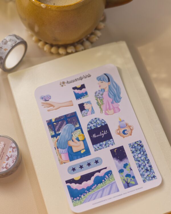 moonlight sticker sheet design, stationery for planners, journals and notebooks