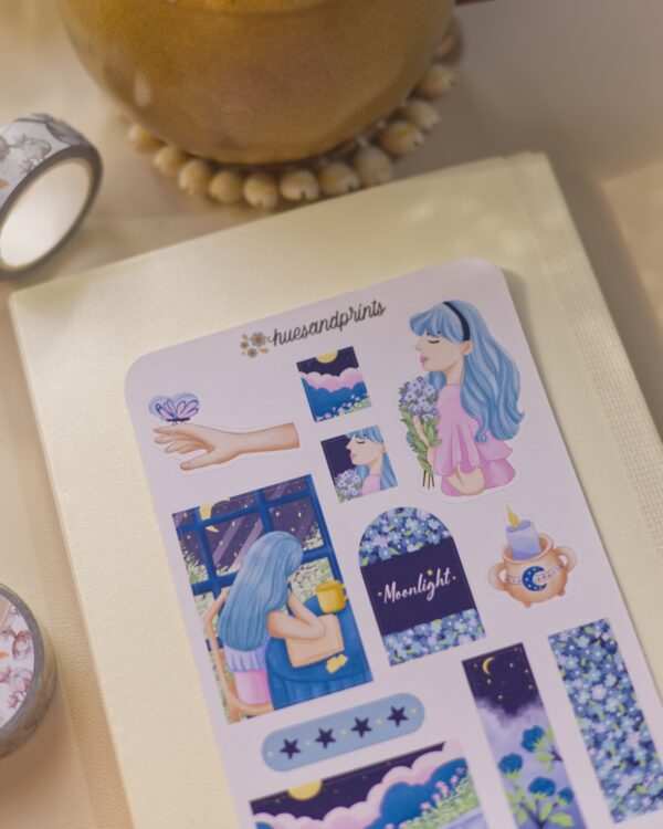 moonlight sticker sheet design, stationery for planners, journals and notebooks