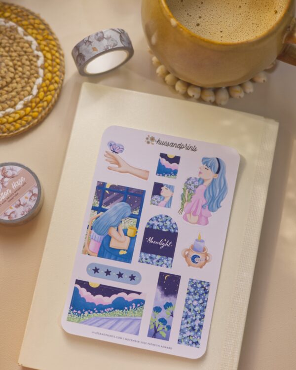 moonlight sticker sheet design, stationery for planners, journals and notebooks