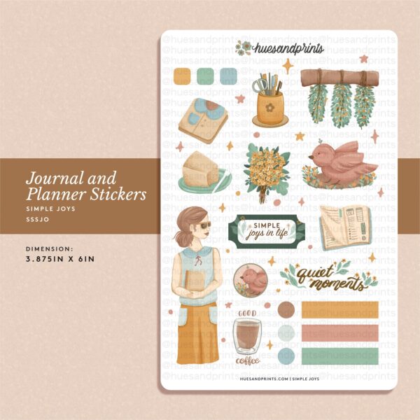 simple joys sticker sheet design mockup image - coffee themed sticker sheet for planners, journals and notebooks, stationery, craft