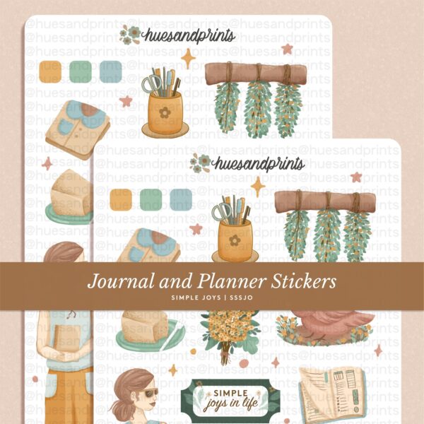 simple joys sticker sheet design mockup image - coffee themed sticker sheet for planners, journals and notebooks, stationery, craft