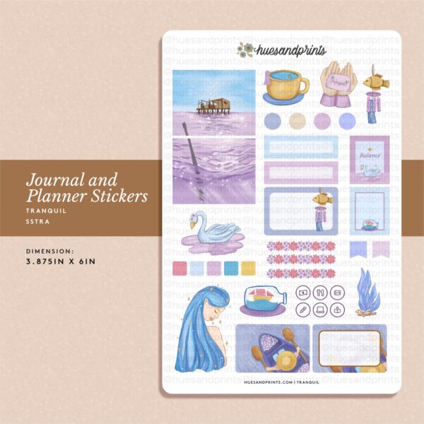 tranquil sticker sheet design mockup image - coffee themed sticker sheet for planners, journals and notebooks, stationery, craft