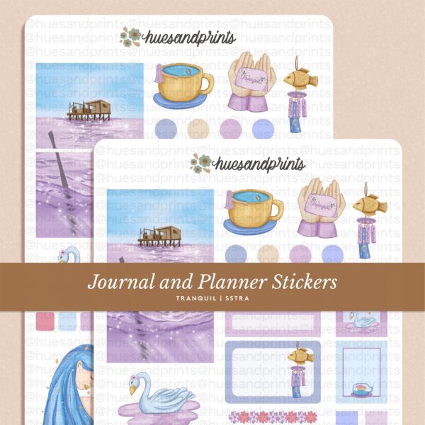 tranquil sticker sheet design mockup image - coffee themed sticker sheet for planners, journals and notebooks, stationery, craft