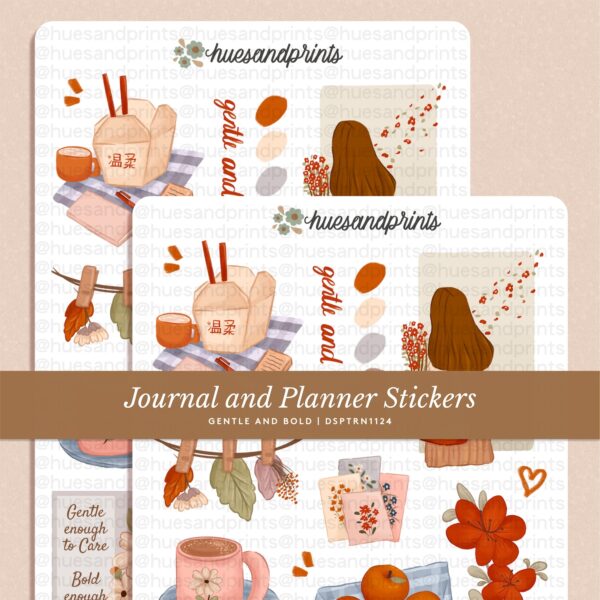 Gentle and Bold illustrated sticker sheet design - perfect for journals planners and notebook. Bold red, florals and more