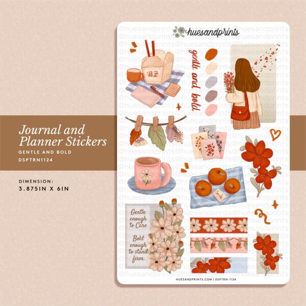 Gentle and Bold illustrated sticker sheet design - perfect for journals planners and notebook. Bold red, florals and more