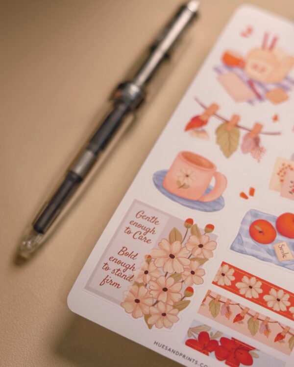 Gentle and Bold illustrated sticker sheet design - perfect for journals planners and notebook. Bold red, florals and more
