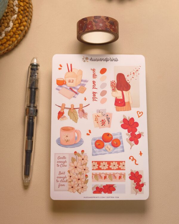 Gentle and Bold illustrated sticker sheet design - perfect for journals planners and notebook. Bold red, florals and more