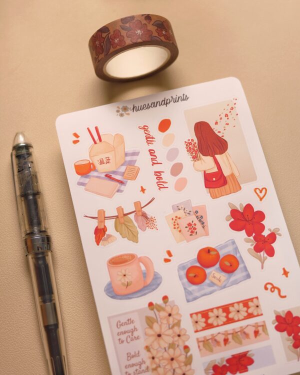 Gentle and Bold illustrated sticker sheet design - perfect for journals planners and notebook. Bold red, florals and more
