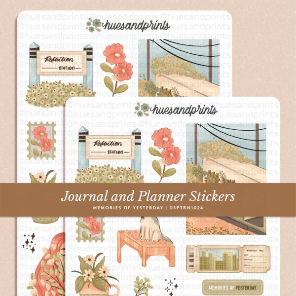 Memories of Yesterday, train, train station, sticker sheet design