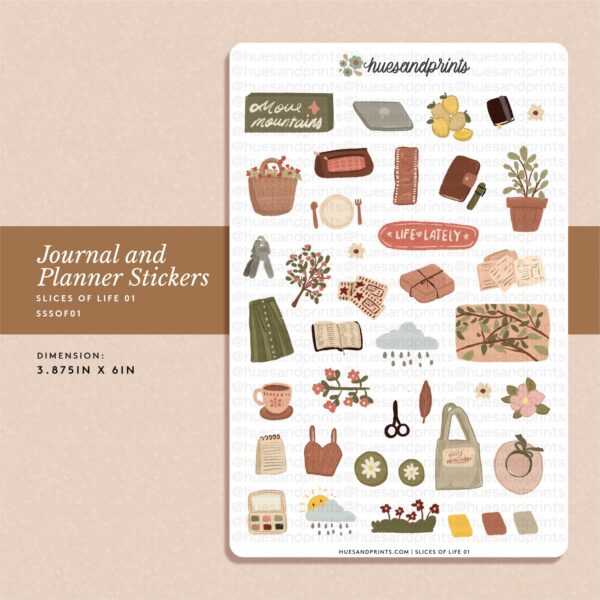 slices of life sticker sheet design. illustrated icons, cosy, pastel cute