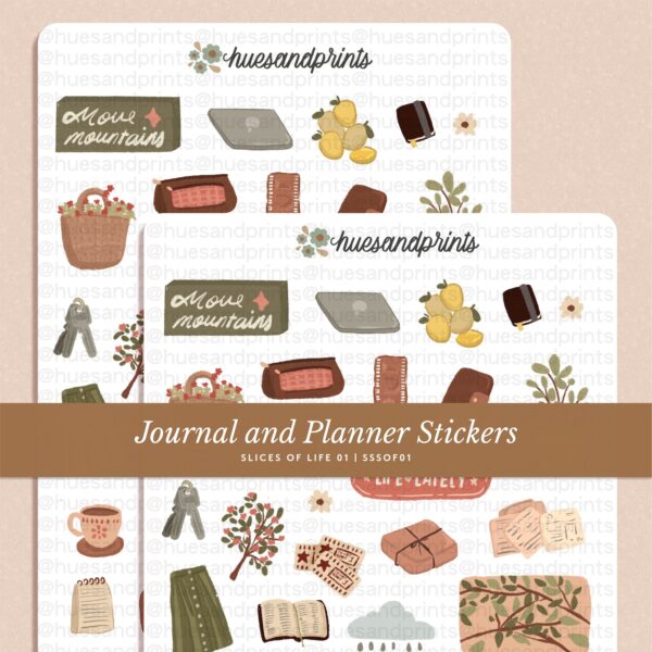 slices of life sticker sheet design. illustrated icons, cosy, pastel cute