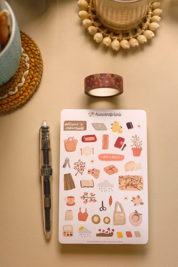 slices of life sticker sheet design. illustrated icons, cosy, pastel cute