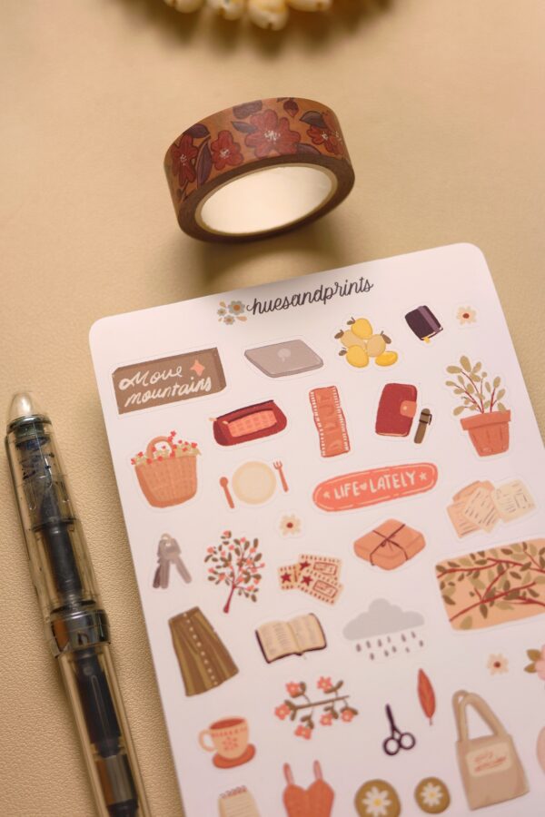slices of life sticker sheet design. illustrated icons, cosy, pastel cute