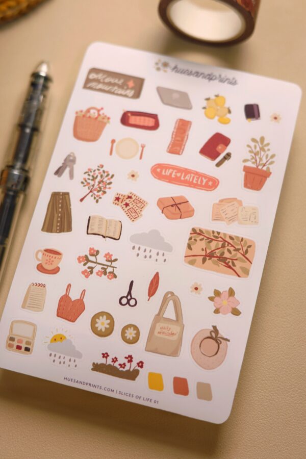 slices of life sticker sheet design. illustrated icons, cosy, pastel cute