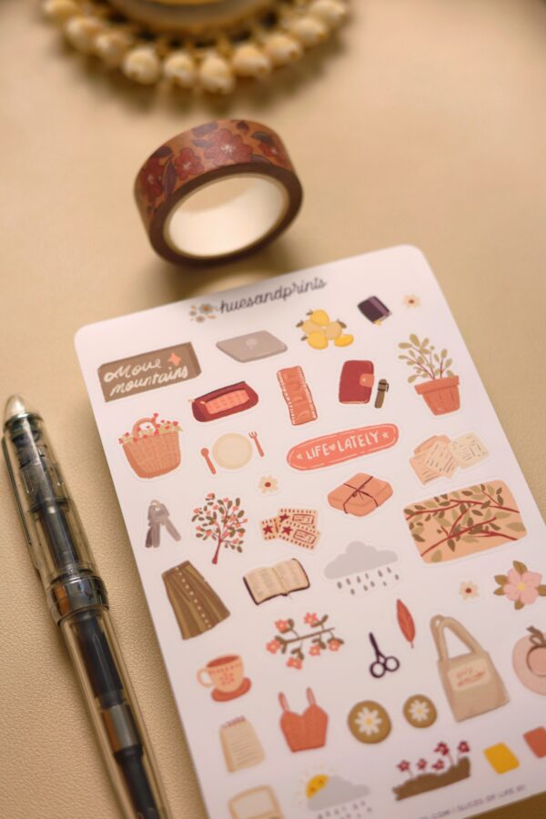 slices of life sticker sheet design. illustrated icons, cosy, pastel cute