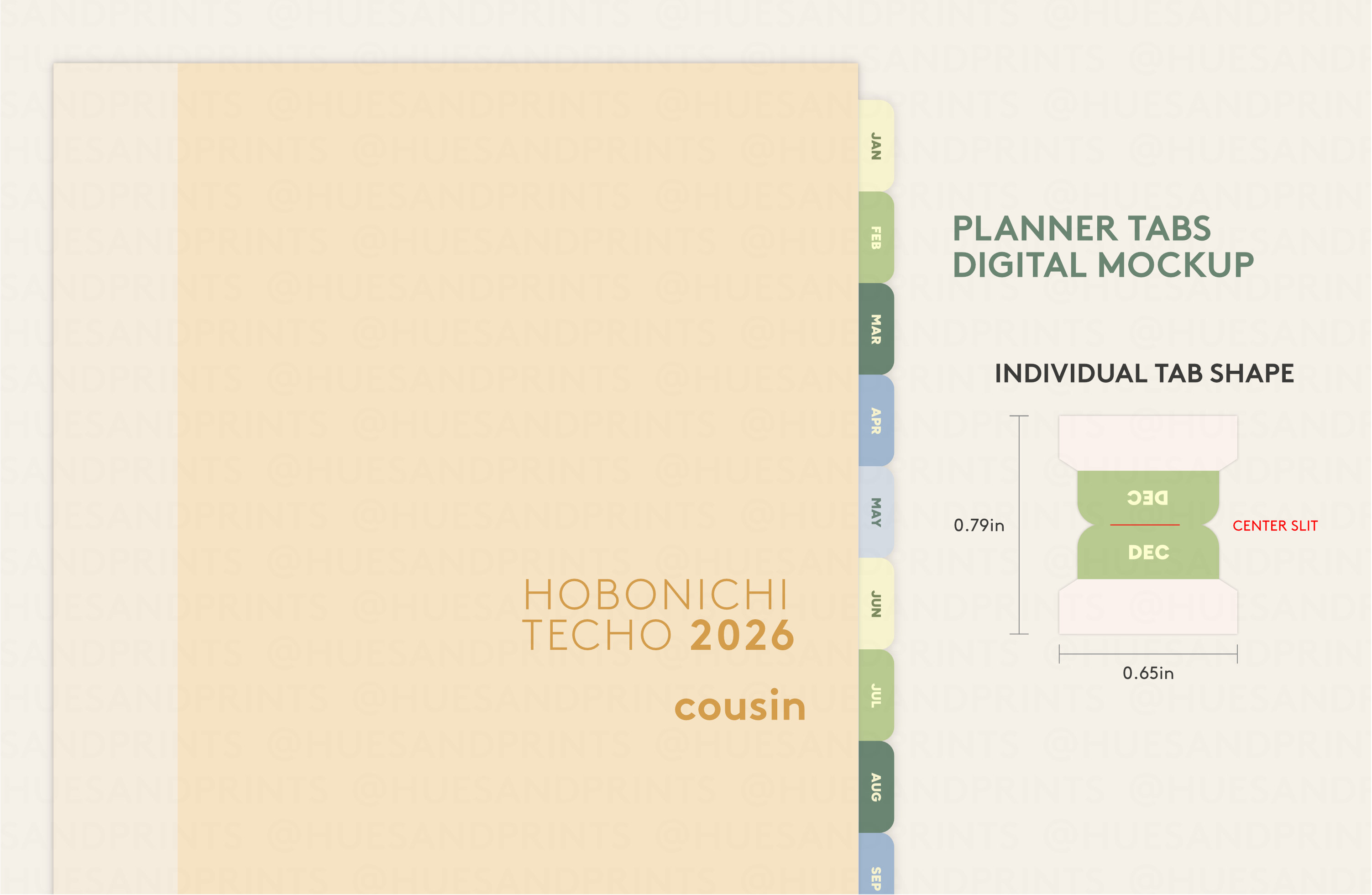 hobonichi cousin 2026 with garden mist planner tabs - digital mockup