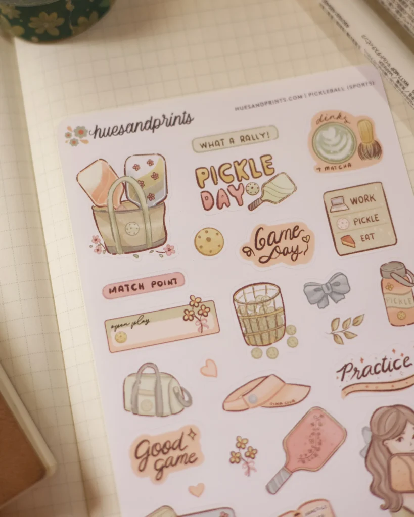 decorative sticker sheet for planners, notebooks, journals, sports themed, pickleball