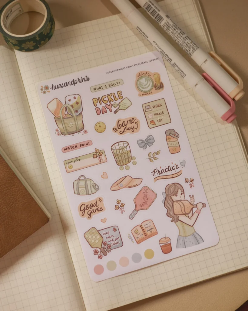 decorative sticker sheet for planners, notebooks, journals, sports themed, pickleball