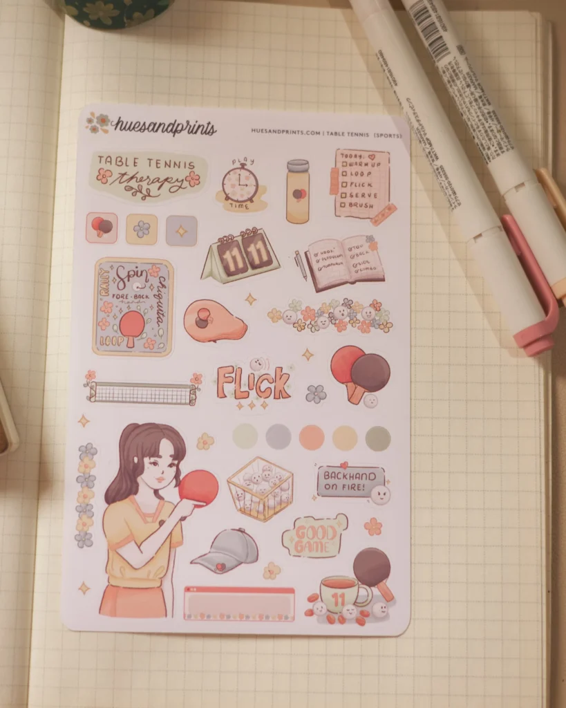 decorative sticker sheet for planners, notebooks, journals, sports themed, table tennis