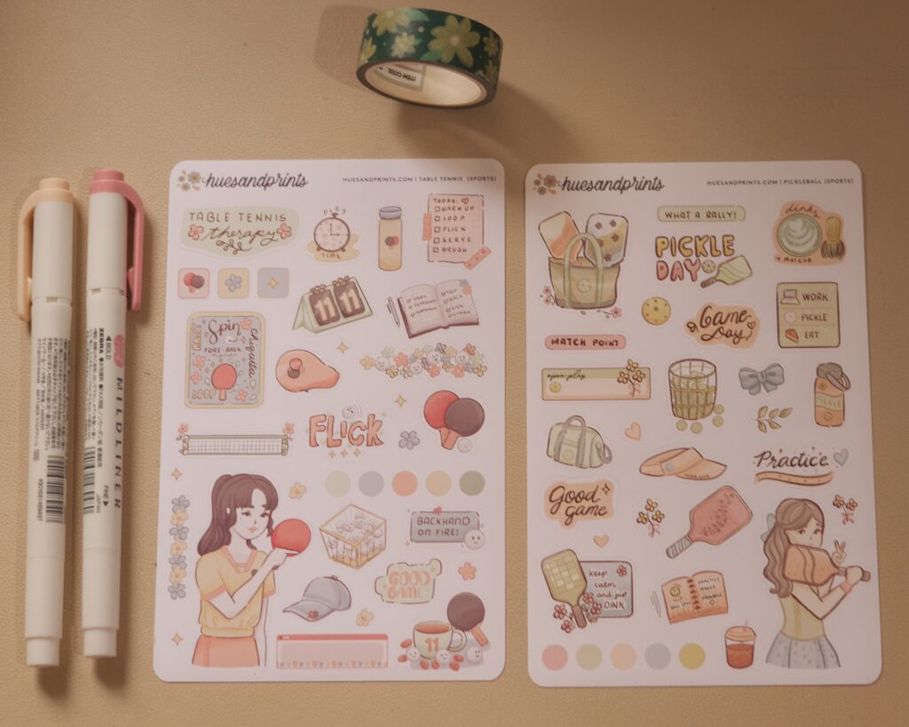 decorative sticker sheet for planners, notebooks, journals, sports themed, pickleball and table tennis